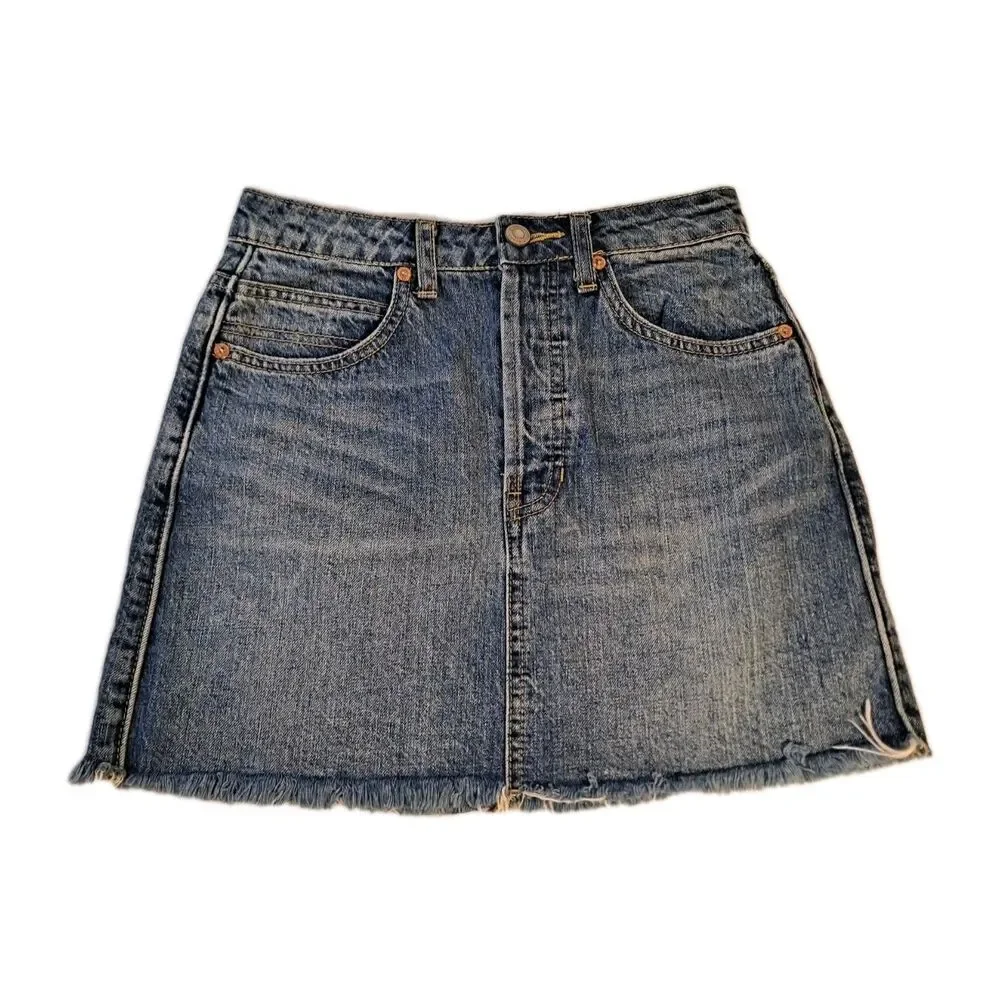 Free People We The Free Women's Denim Mini Skirt Size 24 Button Fly Blue Fringe
